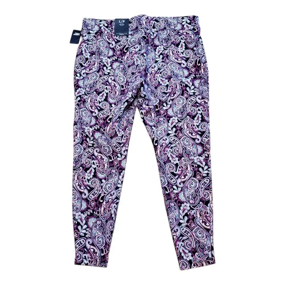 NEW LANDS' END SZ L Petite Starfish Mid Rise Paisley Legging Navy Blue Purple